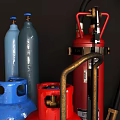 Fire Equipment Including Blue Gray Red Gas Cylinders Red Fire Extinguisher And Metal Parts