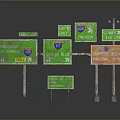Green And Orange Highway Road Signs With Direction Indicators Distance Markers And Location Names