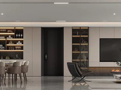 Modern Living Dining Room Interior With Dining Table Chairs TV Wall Display Shelves And Ambient Lighting 3d model