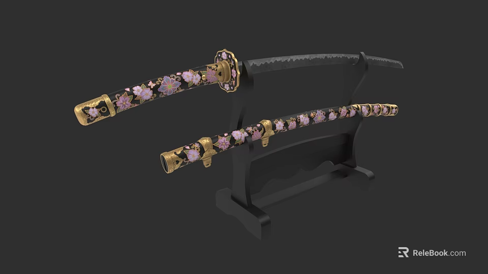 Traditional Japanese Katana Weapon With Pink Floral Patterns Golden Accents Black Scabbard And Display Stand 3d model 