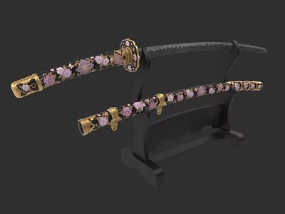 Traditional Japanese Katana Weapon With Pink Floral Patterns Golden Accents Black Scabbard And Display Stand 3d model