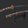 Traditional Japanese Katana Weapon With Pink Floral Patterns Golden Accents Black Scabbard And Display Stand