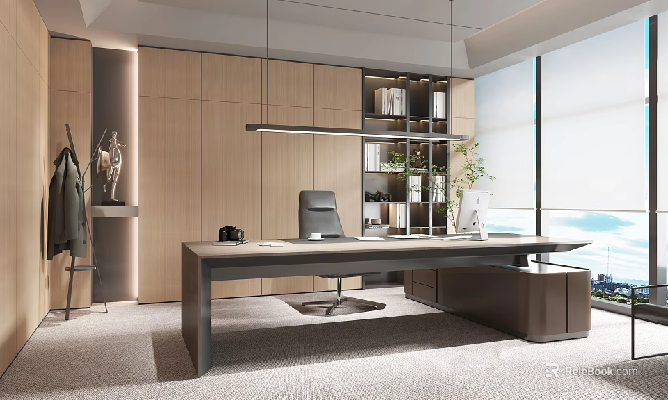 Modern Office Interior With Wooden Cabinetry Large Desk Black Chair Bookshelf Plants And Natural Light 3d model 