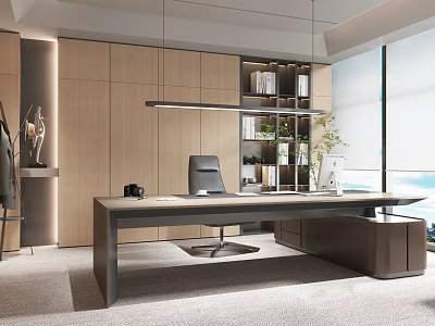 Modern Office Interior With Wooden Cabinetry Large Desk Black Chair Bookshelf Plants And Natural Light 3d model