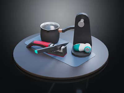 Essential Kitchen Household Items With Pot Tongs Sharpener And Sponge On Round Tray 3d model