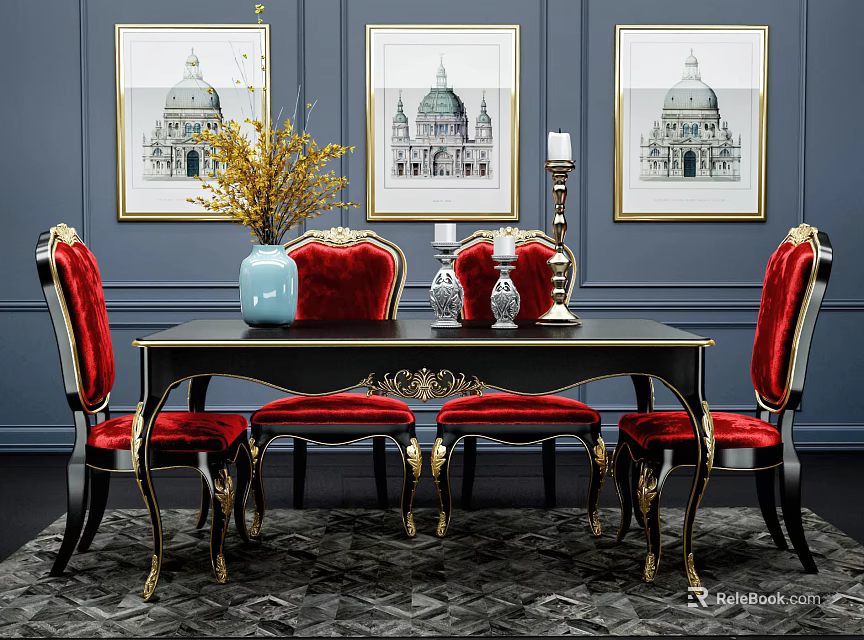 Elegant Luxury Dining Table Set With Red Gold Chairs Vases And Blue Wall Paintings 3d model 