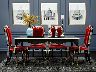 Elegant Luxury Dining Table Set With Red Gold Chairs Vases And Blue Wall Paintings 3d model