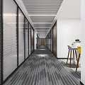 Modern Office Hallway With Glass Partitions Blinds Gray Striped Carpet Ceiling Lights And White Walls