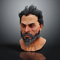 3D Fantasy Male Character Head Featuring Dark Spiky Hair Beard Red Eyes And Facial Scar