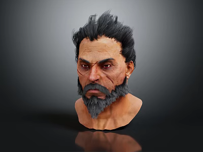 3D Fantasy Male Character Head Featuring Dark Spiky Hair Beard Red Eyes And Facial Scar 3d model