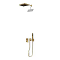 Sleek Modern Gold Wall Mounted Shower System With Overhead Head And Handheld Sprayer