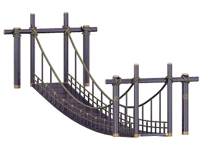 Traditional Style Suspension Bridge with Wooden Pillars Ropes Steps and Railings 3d model