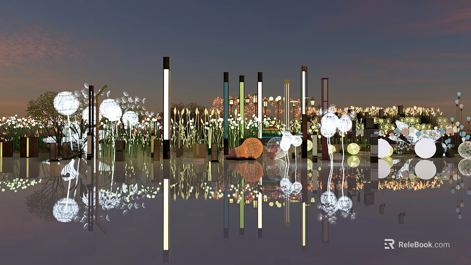 Outdoor Lights Featuring Various Heights Column Dandelion Shaped Ball Lights In Twilight Sky Water Reflections 3d model 