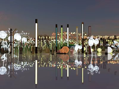 Outdoor Lights Featuring Various Heights Column Dandelion Shaped Ball Lights In Twilight Sky Water Reflections 3d model