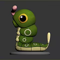 Cute Green Game Movie Character With Pink Horn Large Eyes Segmented Body On White Base