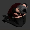 Anime Style Character With Gray Hair Mask Black Top Red Skirt Sitting On Gray Background