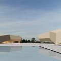 Modern Museum Architecture With Geometric Shapes Pool Reflection Sky And Trees 3d model
