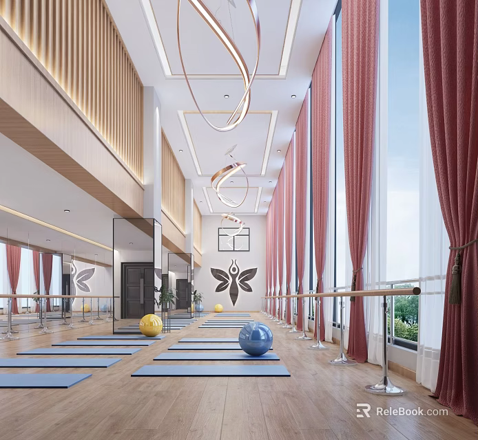 Fitness Studio Interior With Yoga Mats Ballet Barres Exercise Balls And Wooden Decor 3d model 