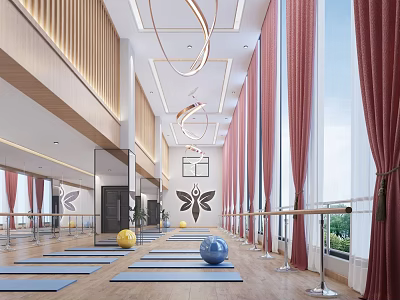 Fitness Studio Interior With Yoga Mats Ballet Barres Exercise Balls And Wooden Decor 3d model
