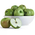 Fresh Green Apples in White Bowl with Sliced and Whole Fruits