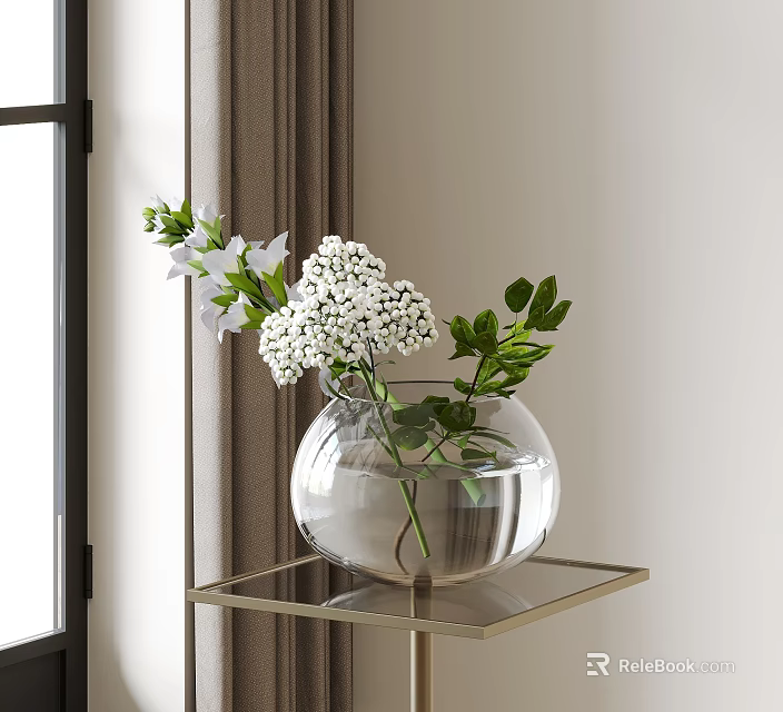 Transparent Glass Vase With White Flowers And Green Leaves On Gold Metal Table Near Window 3d model 
