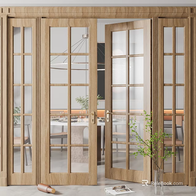 Wooden Double Doors With Glass Grid Design For Modern Dining Interior 3d model 