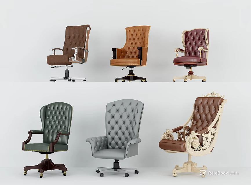 Various Styles Office Chairs With Tufted Design Different Colors Leather And Rolling Wheels 3d model 