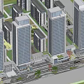 Modern Glass Facade Skyscrapers In Urban Cityscape With Green Landscape And Blue Sky