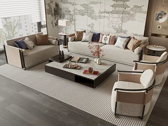 New Chinese Style Sofa Coffee Table Combination Leisure Chair Background Wall Living Room Sofa 3d model