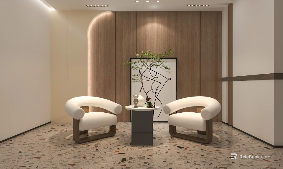 Modern Lounge Area Featuring White Armchairs Small Coffee Table Green Plant And Wooden Accent Wall 3d model 