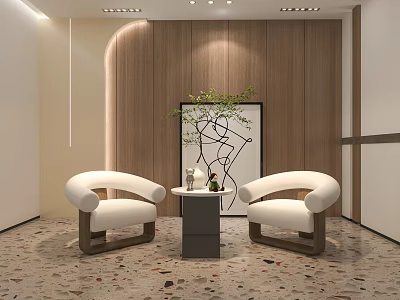 Modern Lounge Area Featuring White Armchairs Small Coffee Table Green Plant And Wooden Accent Wall 3d model