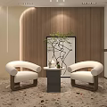 Modern Lounge Area Featuring White Armchairs Small Coffee Table Green Plant And Wooden Accent Wall