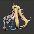 Game Anime Character With Blonde Twin Tails Red Eyes And Mechanical Ship Parts