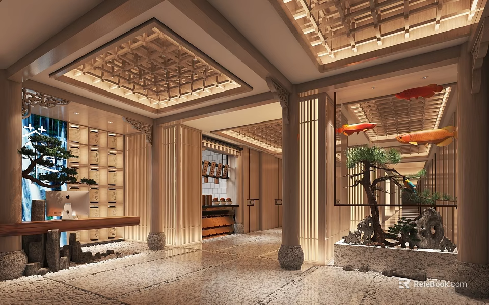 Elegant Hotel Corridor With Traditional Wooden Ceiling Decorative Columns And Potted Plants 3d model 