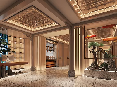 Elegant Hotel Corridor With Traditional Wooden Ceiling Decorative Columns And Potted Plants 3d model