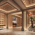 Elegant Hotel Corridor With Traditional Wooden Ceiling Decorative Columns And Potted Plants