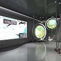 Contemporary Exhibition Space With Circular Screens Showing Natural Scenes Swans Insects And Metal Stands