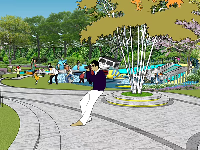 Garden Landscape Design With Curved Pathways Lush Trees And Recreational Activities 3d model