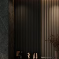 Entryway Hall With Dark Vertical Slat Wall Marble Elements And Decorative Vases 3d model