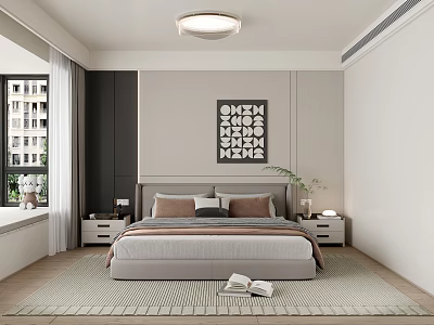 Modern Minimalist Bedroom Interior With Bed Nightstands Table Lamps Geometric Art Window Curtains And Rug 3d model
