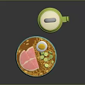 Blue Striped Ramen Bowl With Fried Egg Chashu Pork Vegetables And Green Container