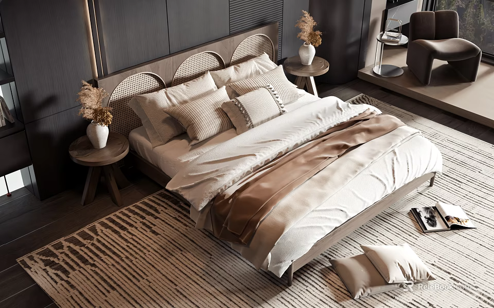 Double Bed with Woven Headboard and Bedside Tables Vases in Modern Bedroom with Striped Rug 3d model 