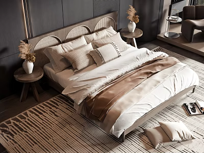 Double Bed with Woven Headboard and Bedside Tables Vases in Modern Bedroom with Striped Rug 3d model