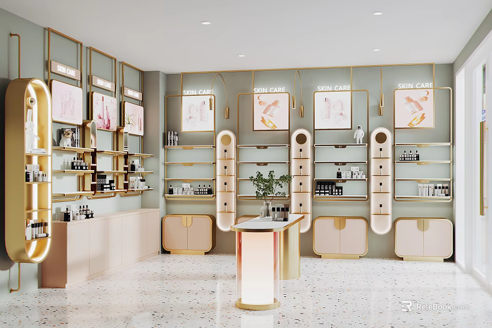 Elegant Modern Beauty Boutique With Product Shelves Display Cabinets And Wall Decor 3d model 