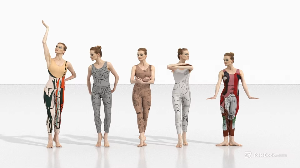 Group of Women in Colorful Leotards Striking Various Poses on White Background 3d model 