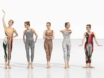Group of Women in Colorful Leotards Striking Various Poses on White Background 3d model