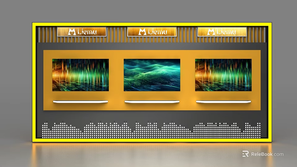 Modern Display Shelves with Three Screens Green Yellow Wave Patterns and M Light Signs 3d model 