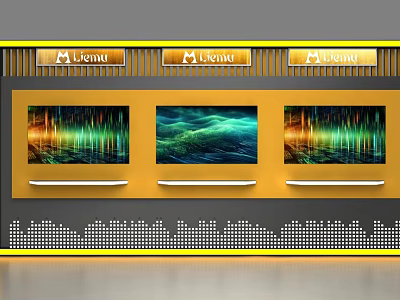Modern Display Shelves with Three Screens Green Yellow Wave Patterns and M Light Signs 3d model