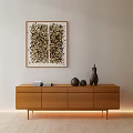 Modern Wooden TV Stand With Drawers And Decorative Sculptures Near Wall Art Painting