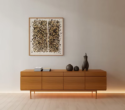 Modern Wooden TV Stand With Drawers And Decorative Sculptures Near Wall Art Painting 3d model